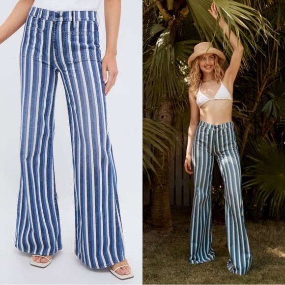 MOTHER Blue and White Striped Flare Jeans - Picture 2 of 10